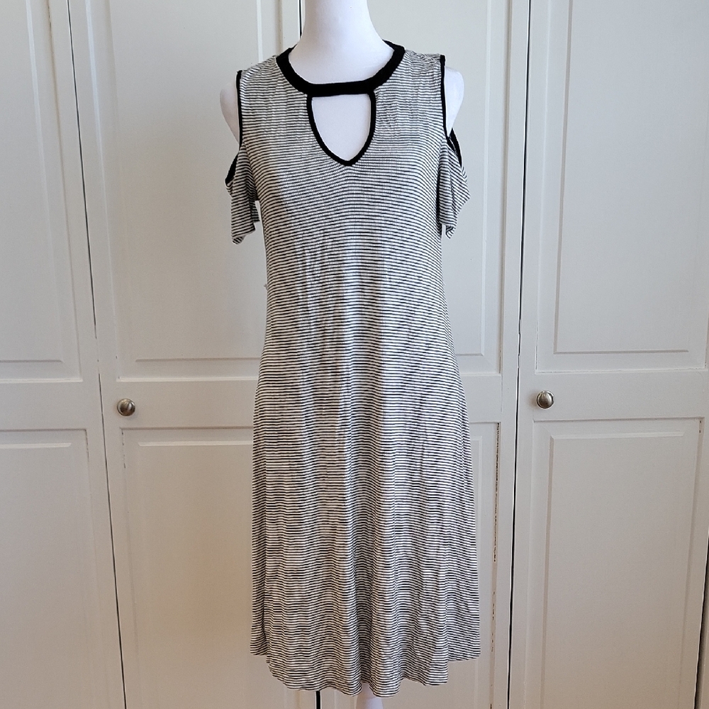 Motherhood Maternity Black & White Striped Cold-Shoulder Midi Dress